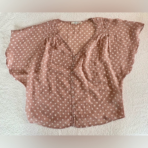Free Bird Sheer Polka Dot Blouse Buttons Taupe White Office Preppy Top Large Tan - Picture 3 of 9